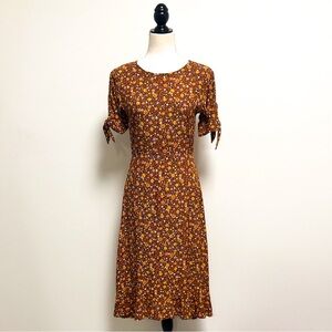 Faithfull The Brand Brown Yellow Orange Floral Emilia Short Sleeve Midi Dress 2
